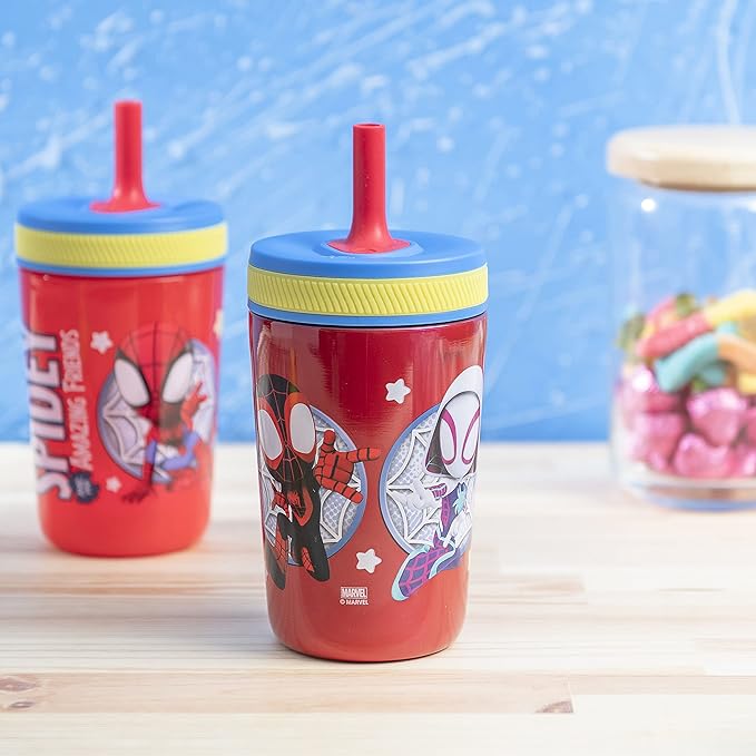 Zak Designs Spidey & His Amazing Friends Kelso Tumbler Set, Leak-Proof Screw-On Lid with Straw, Bundle for Kids Includes Plastic & Stainless Steel Cups with Bonus Sipper, 3pc, Non-BPA (Pack of 12)