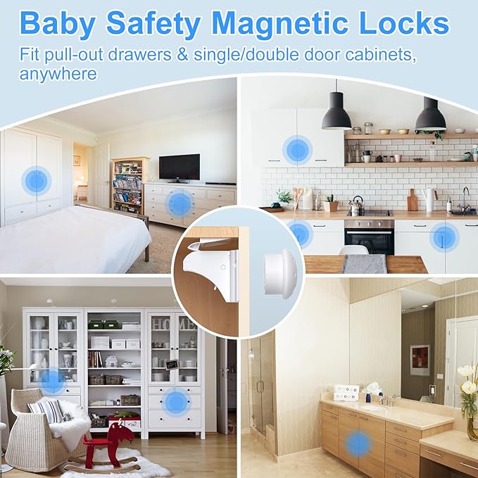 Child Safety Magnetic Cabinet Locks, AOSITE 10 Pack+2 Keys Baby Proofing Magnetic Drawer Locks for Kitchen with Adhesive No Drilling or Screws Fixed, Baby Safety Cabinet Locks