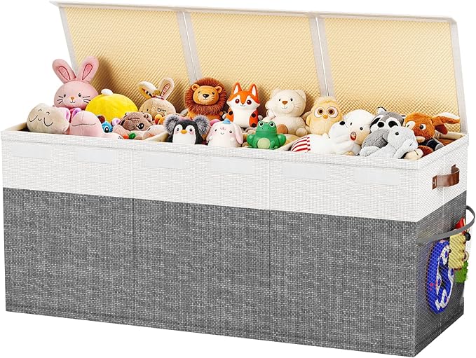 Dayacoco 40"X14"X16" Extra Large Toy Box Chest with Lids, 150L Collapsible Sturdy Kids Toy Storage Organizer Boxes for Boys Girls, Sturdy Toys Chest Storage Organizer Bin Basket, Gray & White