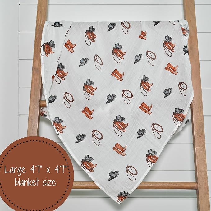 LollyBanks Baby Blanket for Boys, Large 47 x 47 Inches Soft Muslin Swaddle Blankets, 100% Cotton Breathable and Lightweight Baby Receiving Blankets, Baby Essentials, Registry (Cowboy Boot Print)