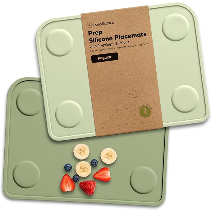 KeaBabies 2pk Silicone Placemats for Toddlers, Kids - 12x9 Non Slip Suction Baby Silicone Placemat for Restaurants, Dining Table,Travel, Easy to Clean, Food Grade/BPA-Free, Small Baby Table Mat (Sage)