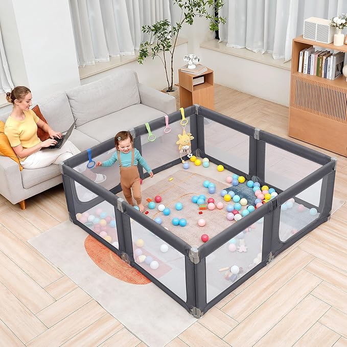 Dripex Portable Folding Playpen, 71"×69" Extra Large Baby Playpen, Indoor/Outdoor Safety Gate ??Collapsible Play Pen with Dual Gates & Breathable Mesh, Grey