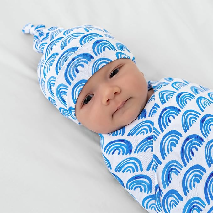 Little Sleepies Swaddle & Hat Set, Baby Swaddles Newborns, Soft Viscose from Bamboo Swaddle Blanket Wrap (Blue Rainbows)