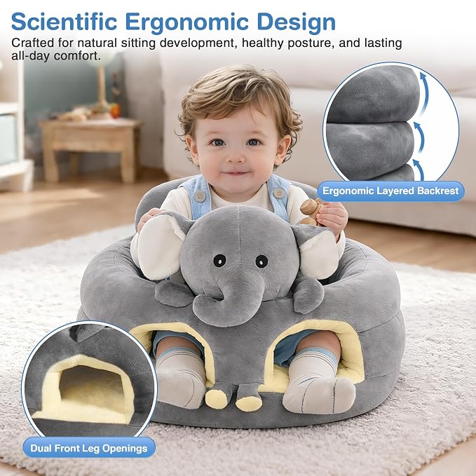 Sit Up Floor Seat for Baby 3-24 Months, Plush Animal Shaped Support Floor Chair Learning to Sit, Infant Toddler Baby Sofa with Cotton Filling, Non-Slip Bottom, Grey