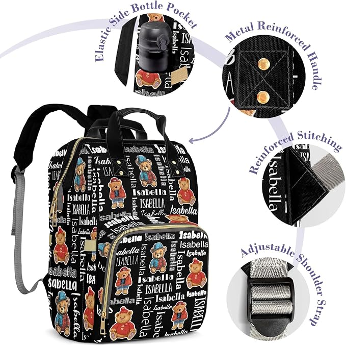 Custom Diaper Backpack, Upgraded Large Capacity Baby Bag, Personalized Changing Backpack With Name, Multifuction Mommy Bag With Insulated Pockets for Boys, Teddy Bear Red