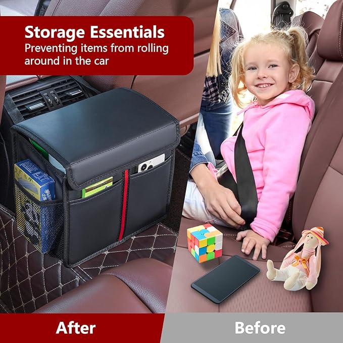 Hanging Car Seat Organizer with Lid - Premium PU Leather Backseat Organizer for Kids & Adults (Black)