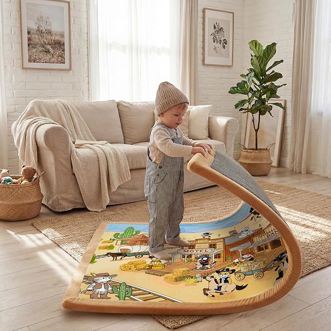 1.5" Thick Educational Extra Large Baby Floor Play Mat 79x158, Flannel Padded Memory Foam Kids Mat, Non-Slip Plush Playmat for Nursery Playroom Classroom (Western Cowboy)