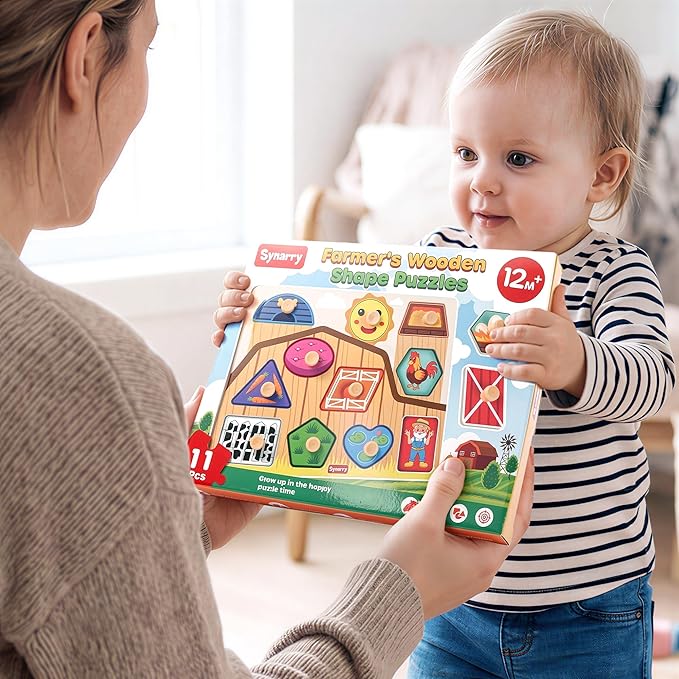 SYNARRY Farm Animals Toddler Puzzles, Wooden Puzzles for Toddlers 1-3, Jumbo Knob Peg Chunky Puzzle, Baby Puzzles 12-18 Months for Shape Recognition Fine Motor Skills, Barn Farm Toys for Toddlers 1-3