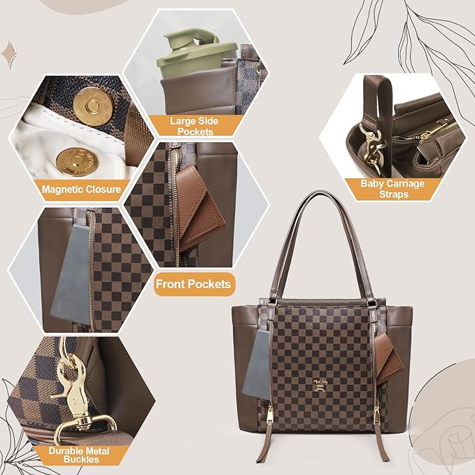 miss fong Checkered Diaper Bag Tote Leather Diaper Bag Backpack, Large Capacity Mommy Bag Hospital Bag, 12 Pockets Travel Diaper Tote with Changing Pad for Mom Plaid Tote Bag for Women-Coffee