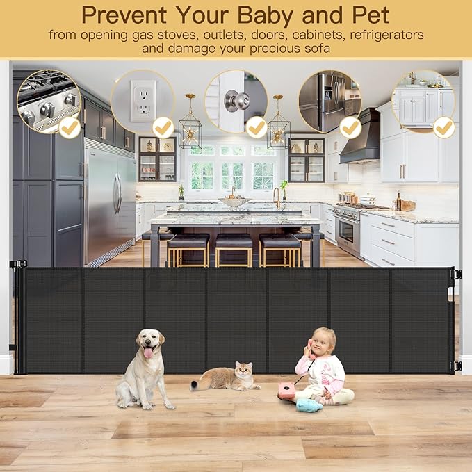 Reinforced Bottom 100 Inch Retractable Baby Gates Extra Wide Baby Gate for Large Openings, 8 ft Super Long Child Gates for Large Openings, Mesh Retractable Dog Gate for Doorways Extra Wide, Black