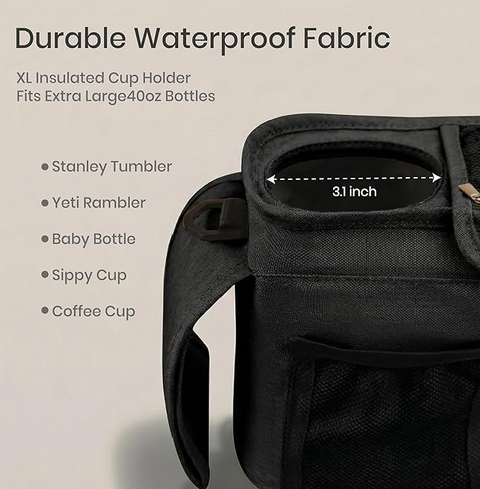 Universal Stroller Organizer, Black - 2 Insulated Cup Holders - Non-Slip Stroller Caddy Bag - Detachable Phone Pouch - Fits Uppababy, Nuna - New Mom Essentials