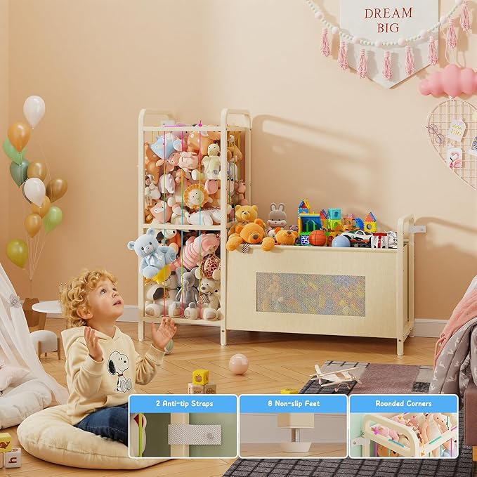 B10 Toy Storage Organizer with Stuffed Animal Storage, Large Toy Box Chest and Stuffed Animal Holder Zoo Organizer with Elastic Ropes for Nursery, Kids Room, Playroom, Bedroom, Beige