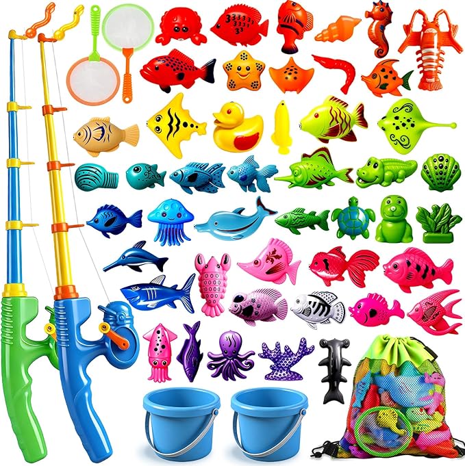 CozyBomB??Magnetic Fishing Toys Game Set for Kids | Water Table Bathtub Kiddie Pool Party Pole Rod Net, Outdoor Plastic Floating Fish, Toddler Bath Color Ocean Sea Animals Easter Gift Age 3-5 6 4-8