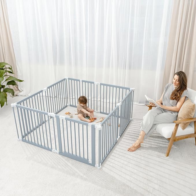 Comfy Cubs Baby Gate Playpen - 57 x 57 x 25 in, Extends Up to 228” - Pine Wood Foldable Playpen with Child-Proof Lock - Easy Assembly Baby Fence Play Area for Babies & Toddlers - Pacific Blue