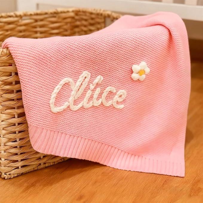 Personalized Hand Embroidered Knit Baby Blanket with Name,Custom Breathable Cotton Nursery Blankets,Newborn Gifts(30x40 inch)