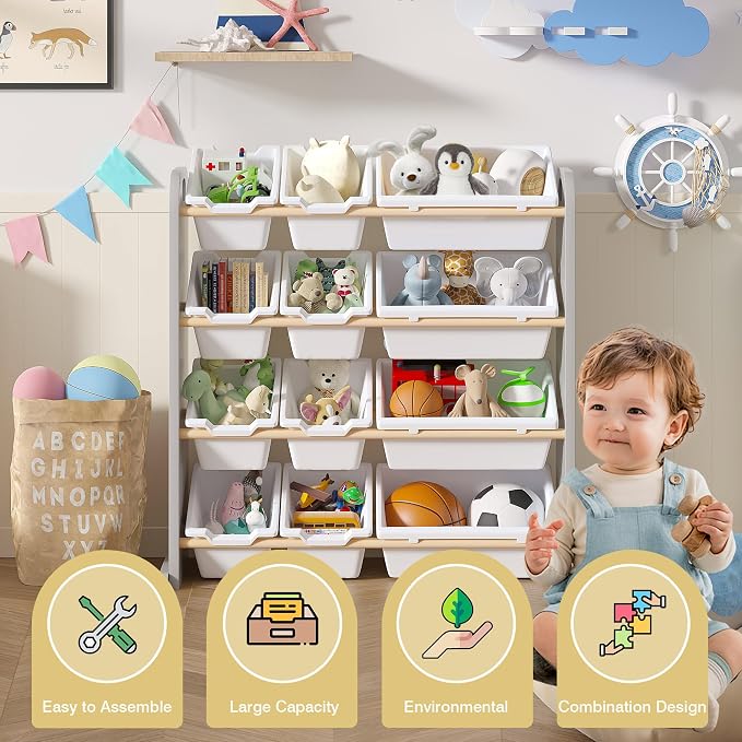 VECELO Kids Bookshelf Toy Storage with 12 Bins, Wooden Toy Rack for Toddlers, Large-Capacity Playroom Storage for Books, Toys, and Stuffed Animals, Grey