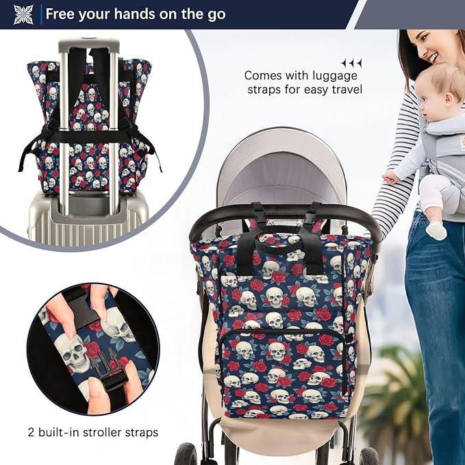 Tiny Skulls Red Roses Diaper Bag Insul Pockets Mom Dad