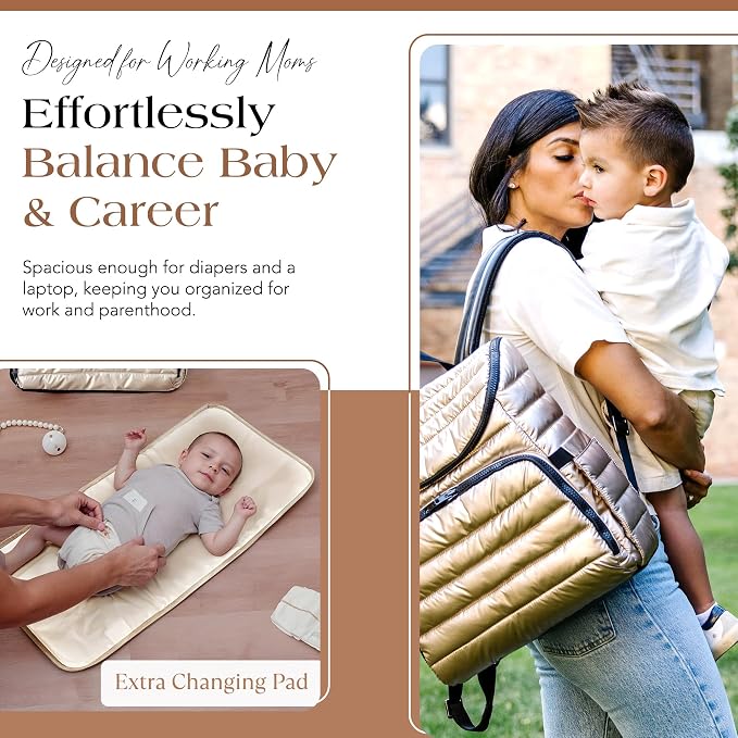 Citi Collective Gallery Diaper Bag Backpack - Casual Day-to-Day Backpack Fits 15" Laptop - Travel Bag with Multiple Compartments, Pockets, Portable Changing Pad, and Shoulder Strap-Gold