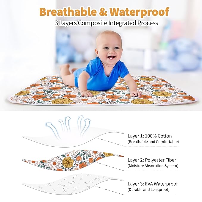 Baby Changing Pad, Diaper Changing Mat for Dresser, Changing Table, Travel, 100% Cotton Surface, Breathable & Waterproof, Shower Gift for Newborn Girls, Extra Large 24" x 30" Daisy Flower