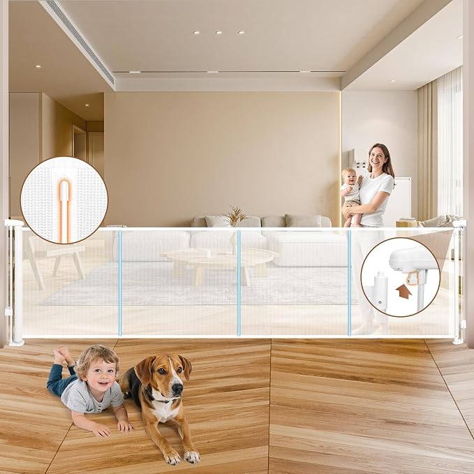 120" Retractable Baby Gate Extra Wide, 41" Tall Retractable Dog Gate for Stairs, Doorways, Decks, Mesh Gate Long Child Gate Pet Gate for Indoor, Outdoor, with Reinforced Mesh Rods, Dual Locks