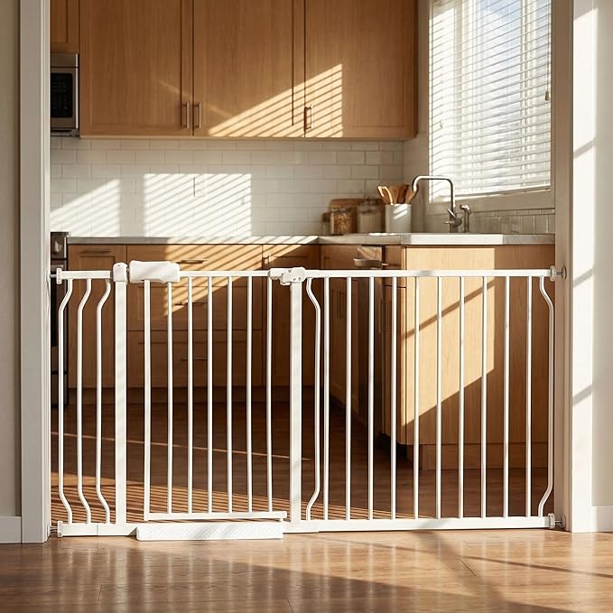 Extra Wide Baby Gate - 62-67 Inch Tension Mounted Safety Child & Pet Gate - White Metal - Walk Through - Long - for House Doorways & Stairs