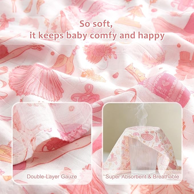 Muslin Swaddle Blankets for Newborn, Large 47"x47" Soft Breathable Bamboo Cotton Baby Blanket, Lightweight Receiving Blanket for Boys and Girls, Ballet Dream