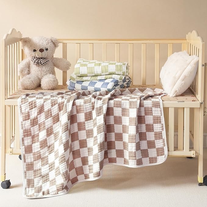 Ultra Soft Cozy 6-Layer Muslin Cotton Baby Blanket 41" x41” Breathable Lightweight Checkered Swaddle Blankets for Toddlers Baby Birthday Gifts All Seasons Both Sides Coffee