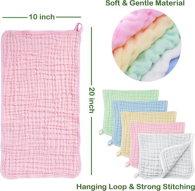 Muslin Baby Burp Cloths, 100% Muslin Cotton Burp Napkins for Newborn Girls and Boys, Absorbent Soft Muslin Baby Burping Rags 10' by 20', 6 Layers Infant Feeding Wipes (Multicolored, Pack of 5).