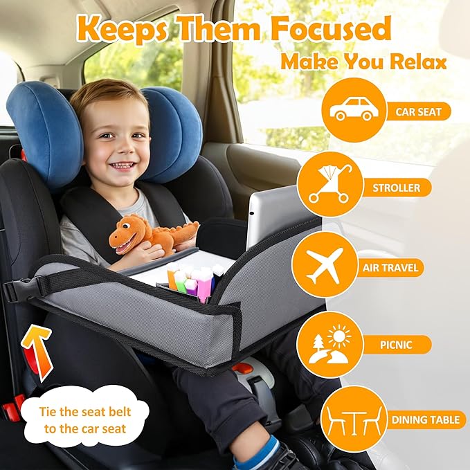 Kids Travel Tray for Toddler Carseat, Road Trip Activities Essentials for Toddler, Kids Lap Desk Tray with Tablet Holder Stand ï¼?Dry Erase Board (Grey)