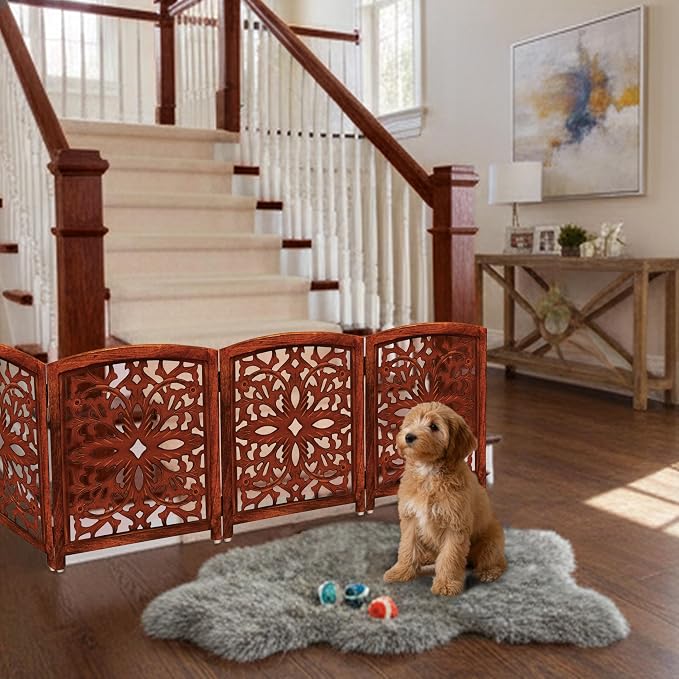 Croft&Cane Wooden Foldable Pet Dog Gate – Hand Carved 4-Panel Freestanding Dog Fence - 80W x 24H - Solid Wood & MDF Indoor Safety Barrier - Doorway Hallway & Stairs Portable Puppy Gate - Walnut Brown