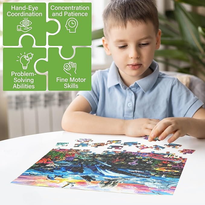 BenBen Puzzles for Kids Ages 4-6, 3 Pack 100 Pieces Large Puzzles for Toddlers 3-5 (Dinosaurs, Outer Space, Ocean Life), Learning & Educational Games for Kids 6-8, 19.75” x 13.75”