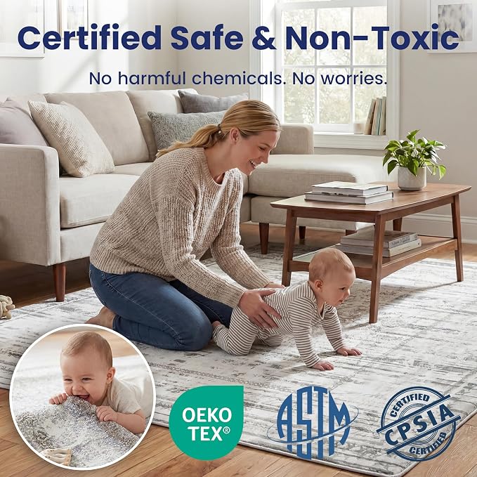 Baby Play Mat for Floor - 79x59 Inches 1.3" Thick Elasti-Foam Playpen Mat for Toddlers Infant Kids, Water-Repellent Nursery Rug, Non-Slip Backing for Crawling & Tummy Time, Grey Wash