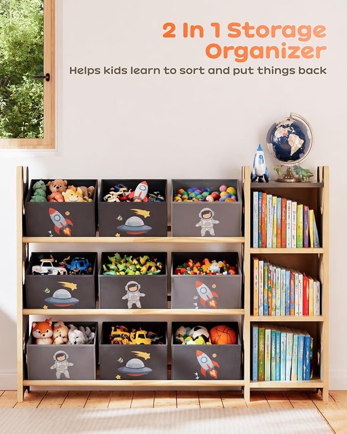Toy Storage Organizer with 3 Shelves and 9 Bins, Black Starry Sky Bookshelf and Bookcase for Kids, Playroom Toy Bin Shelf for Bedroom & Room, 41.9" W