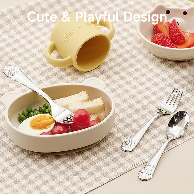 KINGSTONE Toddler Utensils Gift Set, 4-Piece Forks & Spoons, Small & Large, 18/10 Stainless Steel, Ergonomic Flatware for Toddlers & Kids, Self-Feeding, Honey Bear Print