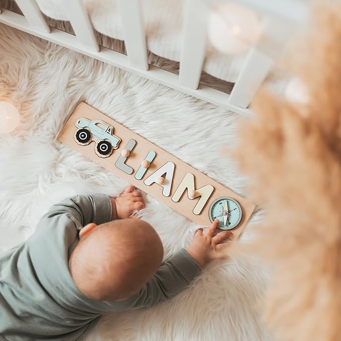 Personalized Name Puzzle Montessori Toys Nursery Decor Customized Puzzle Educational Toy for a 1 Year Old Gifts Kids Name Sign for Nursery Easter Present for Baby (Pastel Boy)