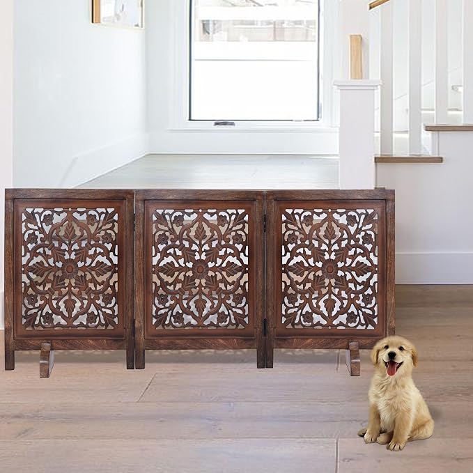 Dog Gate Indoor, Free Standing Folding Wooden Dog Gate for Doorway, Hallway or Stairs, Decorative 3 Panel Wood Pet Fence, 60x24 Inch Pet Gate, Natural Burnt Lucy Design