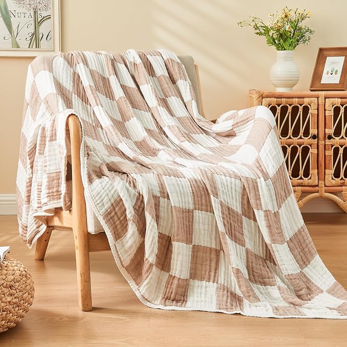 EMME Cooling Muslin Blanket for Adults - Checkered Lightweight Summer Cotton Throw Blankets of Rayon Derived from Bamboo for Hot Sleepers, Ultra Soft Breathable Gauze