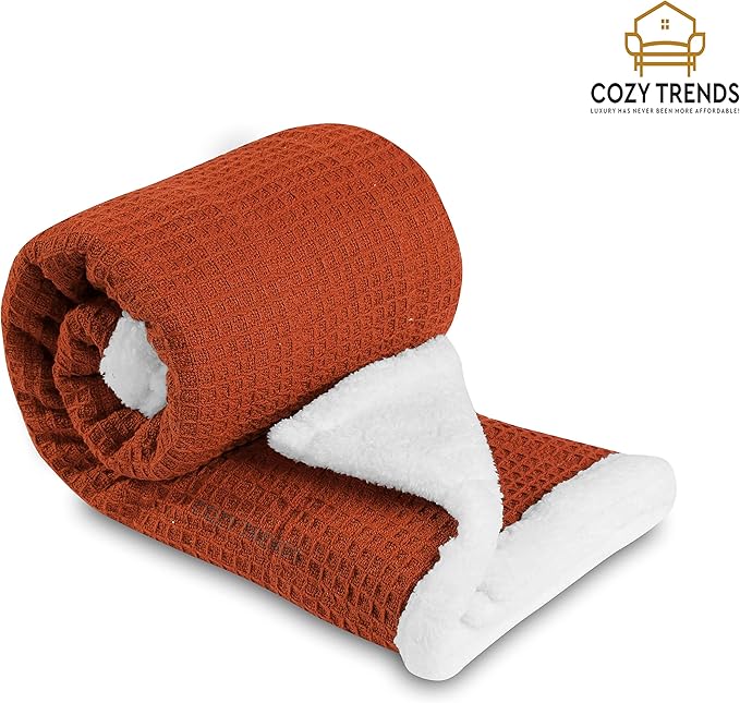 Luxurious Cotton Unisex Baby Boy Girl Blanket Waffle Weave with Sherpa Backing Soft Cozy 30''x40'' Receiving Crib Stroller Nap Blanket (Rust)