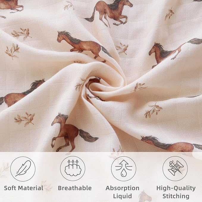 LifeTree Baby Swaddle Blankets, Boys Girls Muslin Swaddling Wrap Receiving Blanket for Newborn, 70% Viscose from Bamboo and 30% Cotton, Large 47" x 47", Horse and Blue Checkered Pattern