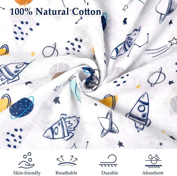 david's kids 4 Pack Baby Muslin Swaddle Blankets, 100% Cotton and Ultra Soft Breathable Receiving Blanket Wrap for Boys Girls, New Born Essentials, Large 47 x 47 inches, Space/Stars/Wave