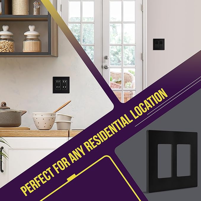 ENERLITES Screwless Decorator Wall Plates Child Safe Outlet Covers, Size 2-Gang 4.68" H x 4.73" L, Polycarbonate Thermoplastic, SI8832-BK-10PCS, Glossy, Black (10 Pack)