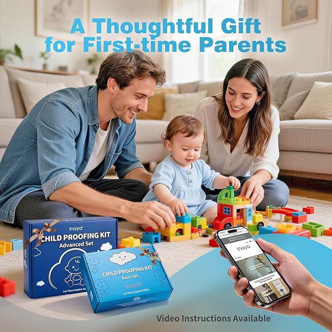 Inaya Baby Proofing Kit Advanced Set - Child Safety Hidden Locks for Cabinets & Drawers, Adjustable Safety Latches, Door Lever Locks and Outlet Covers and more - Keep Your Child Safe at Home