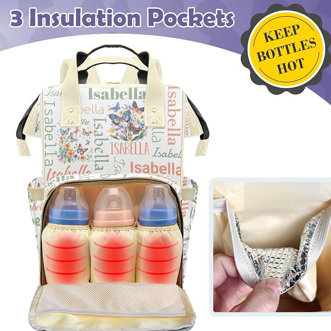 Custom Diaper Backpack, Upgraded Large Capacity Baby Bag, Personalized Changing Backpack With Name, Multifuction Mommy Bag With Insulated Pocket for Girls, Butterfly Green
