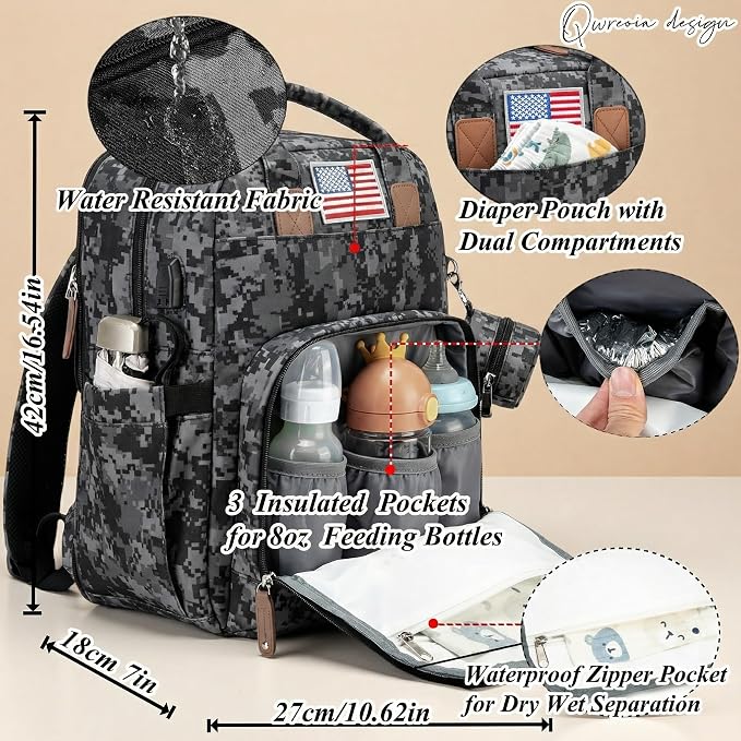 Expandable Baby Diaper Backpack - Large Capacity, Insulated Bottle Pockets, Stroller Straps, Laptop Sleeve & Pad(Multicolor)