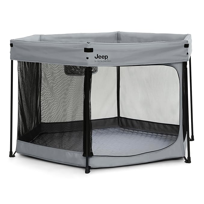 Jeep Hexagon Pop Up Play Yard with Removable Canopy | Ideal for Indoor and Outdoor Use, Grey