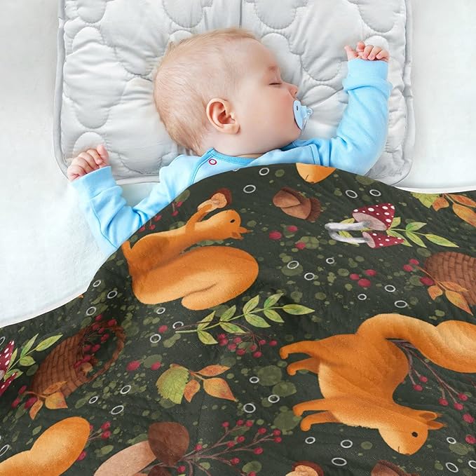 Ollabaky Mushroom Squirrel Baby Blanket for Boys Girls Cotton Throw Blanket Swaddle Blanket for Crib Stroller Nursery Receiving Blanket Infant Toddler Unisex 30"x40"