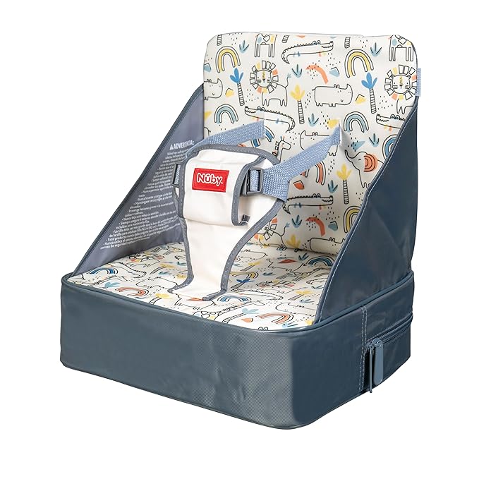 Nuby Easy Go Booster Seat - Travel Booster Seat for Babies and Toddlers with 3-Point Harness - 9+ Months - Beige Safari Print