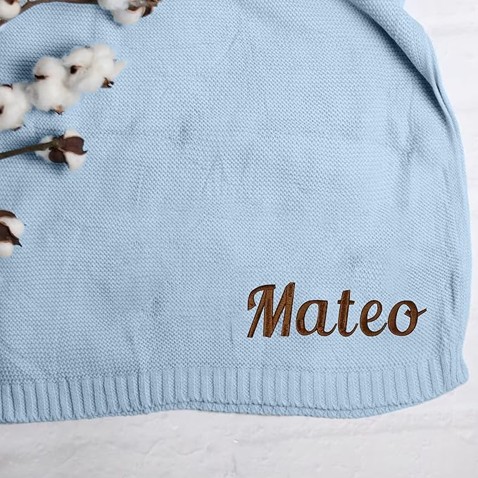 Embroidered Baby Blanket, Custom Name Blanket for Toddler, Personalized Knit Blankets for Baby, Stroller Blanket 30x40 cm (Cotton, Sky Blue)