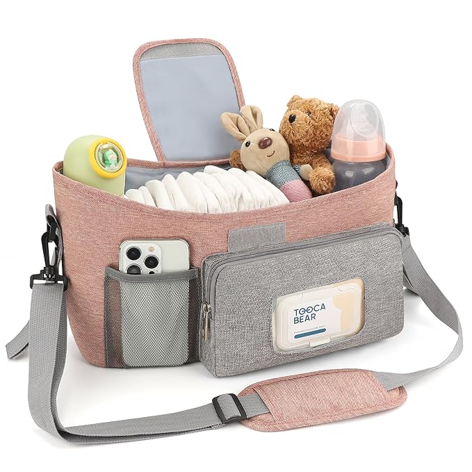 Accmor Universal Stroller Organizer with Insulated Cup Holder, Stroller Caddy Bag Accessories, Stroller Cup Holder Organizer for Uppababy Baby Jogger Britax Stroller, Pink