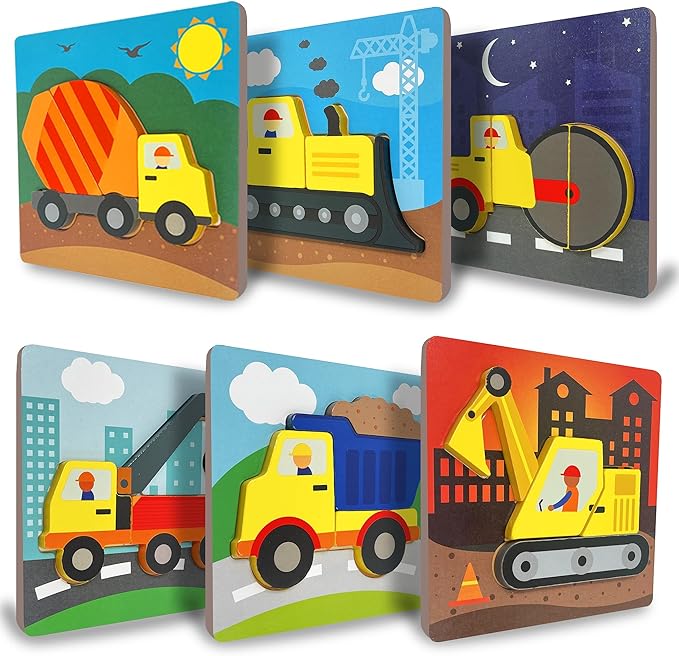 Klevly 6 PK Construction Wooden Toddler Puzzles Ages 2-4 | Wooden Puzzles for Toddlers 1-3 | Montessori Toys for 2 Year Old | Learning for 2+ Year Olds